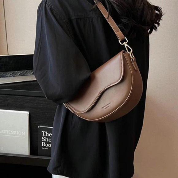 Vegan Leather Crescent Shoulder handbag with Adjustable Guitar Strap Brown - Picture 1 of 10